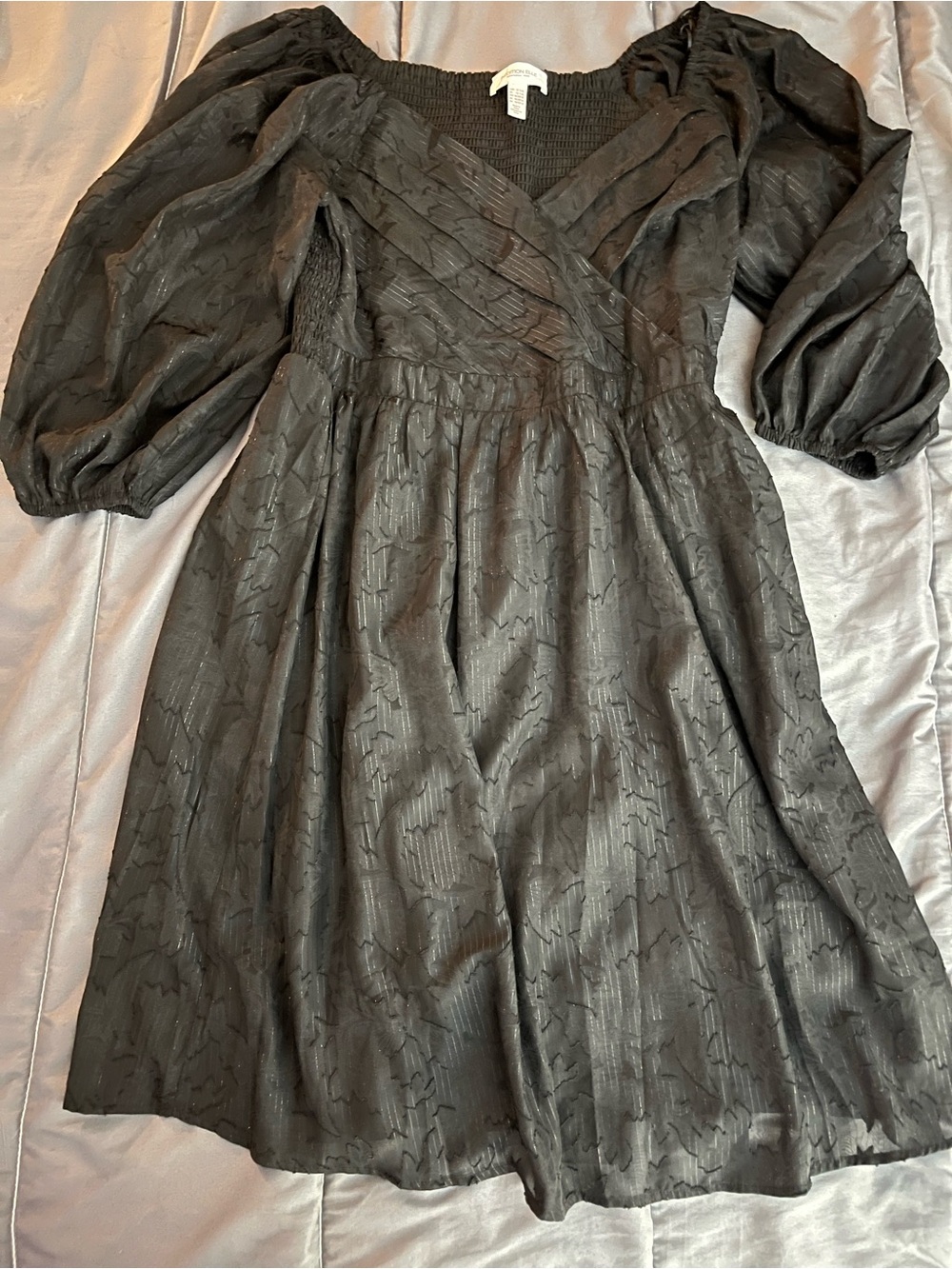 Addition Elle Black Textured Puff-Sleeve Midi Dress with Smocked Back